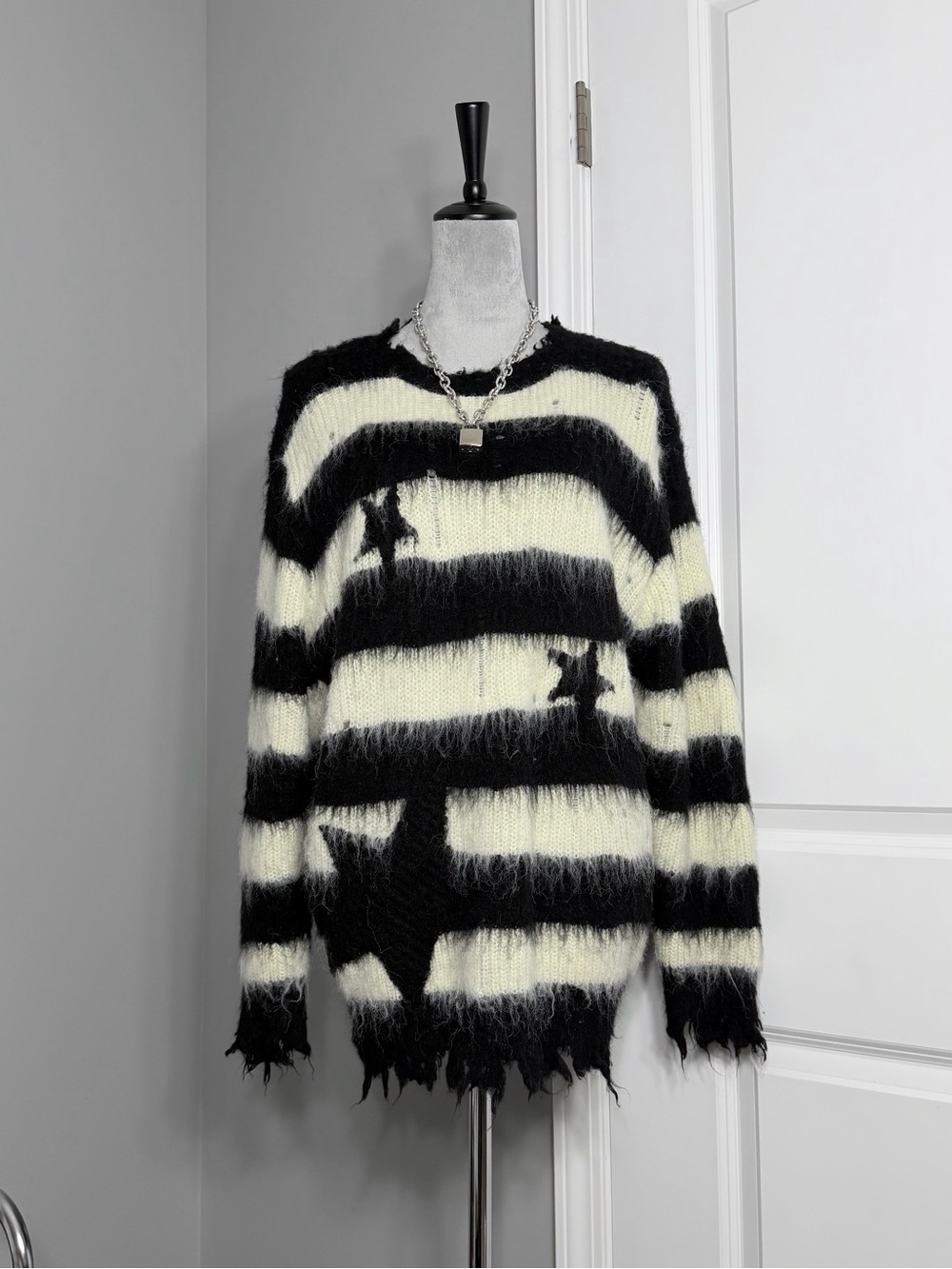 NWT Poly Punk Star Jasmine Black & White Striped Star Mohair Sweater